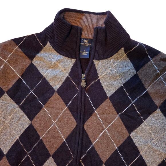 Brooks Brothers Argyle Cardigan Sweater 100% Lambswool Size XL Brown, zip front - Picture 1 of 9